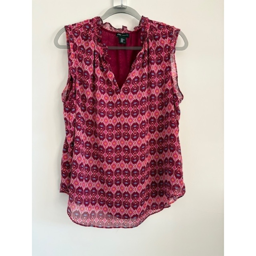 Jones New York Womens XL Sleeveless Ruffle Neck Ikat Blouse Magenta Pink Purple